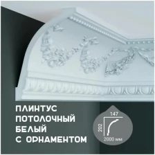 Карниз с орнаментом Fabello Decor C 102, плинтус потолочный белый грунтованный из полиуретана, профиль для потолка, 147*202*2000 мм